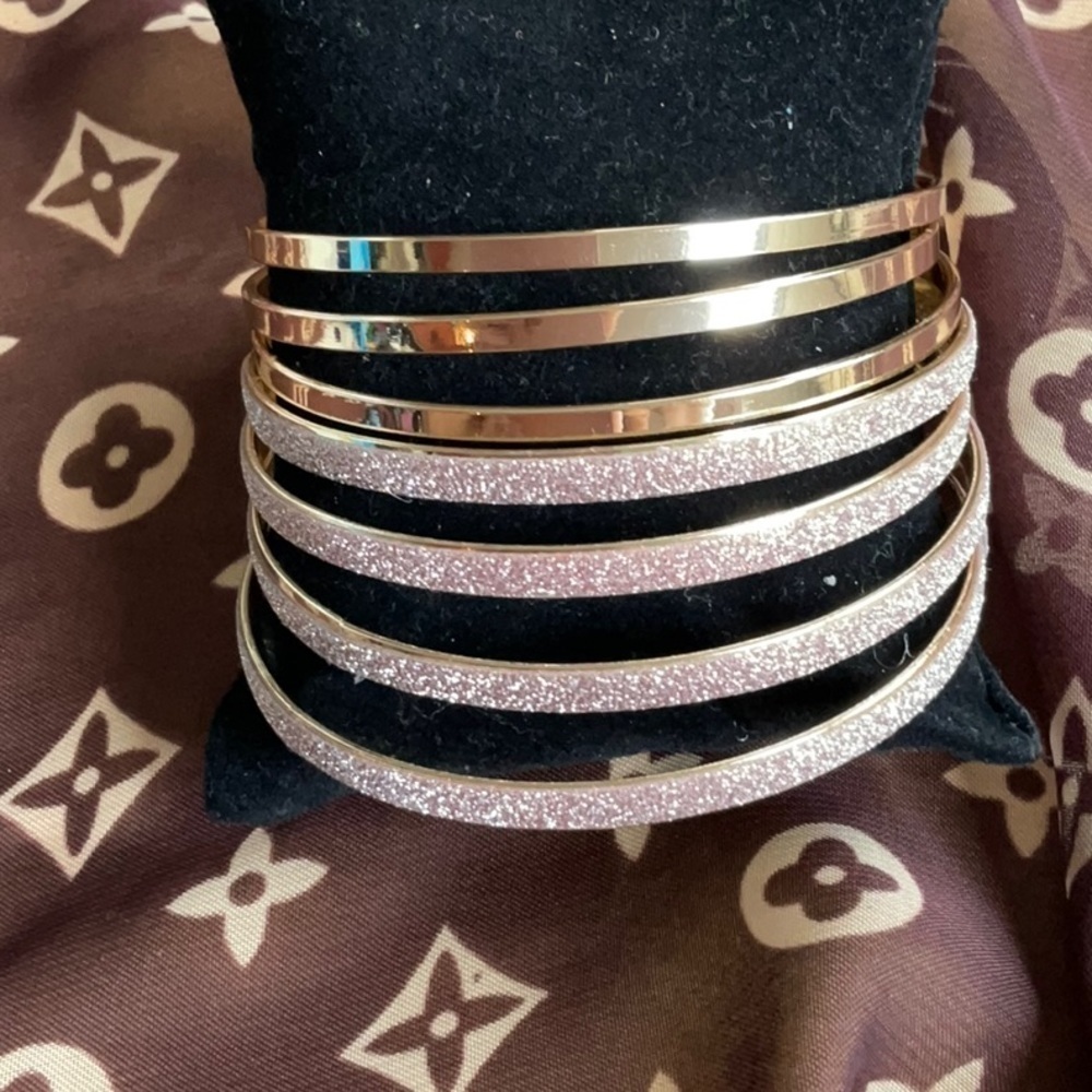 Vintage Gold Sparkling Pink Bangle Bracelets Set of 7